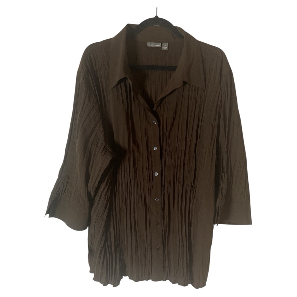 Apt 9 Womens 3X Chocolate Brown Pleated Button Down Shirt 3/4 Sleeve Blouse Top